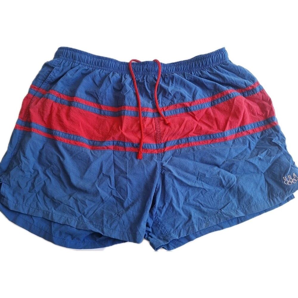 Vintage USA Olympics Swim Trunks Size XL Mens JC Penney Blue Red Lined